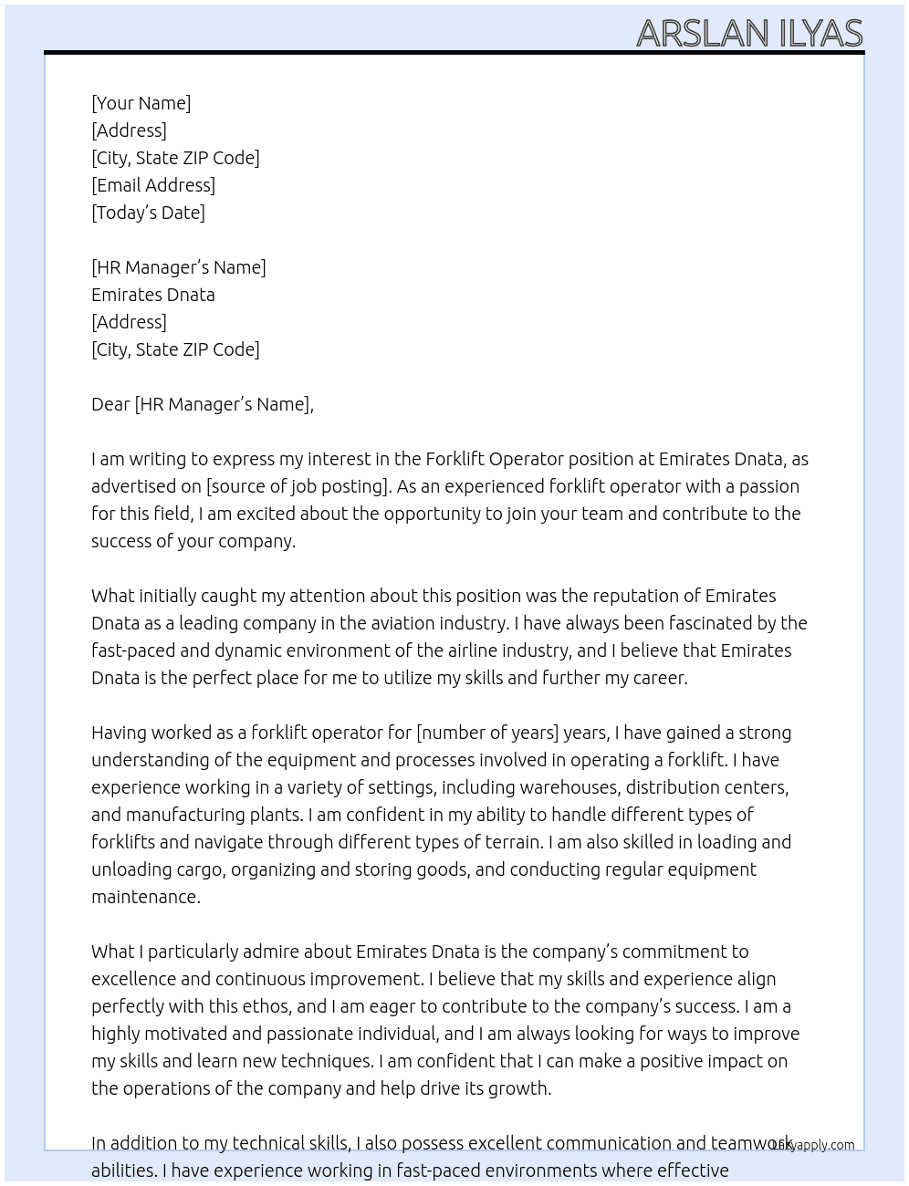 Forklift operator  At Emirates Dnata Cover Letter