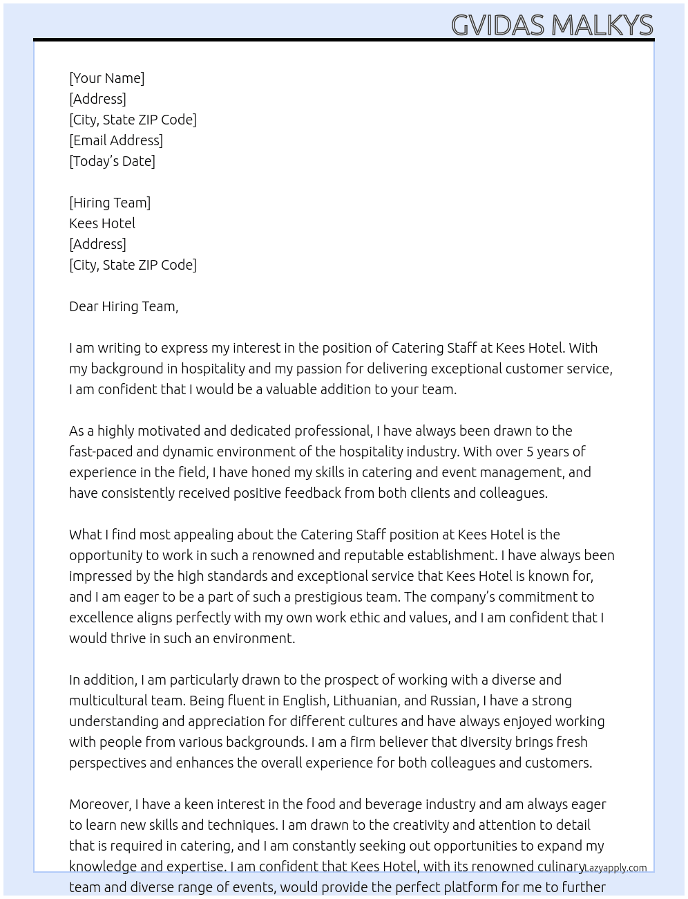 Catering staff At Kees hotel  Cover Letter