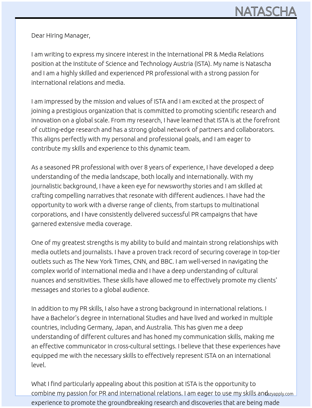 Cover letter for international pr & media relations - LazyApply