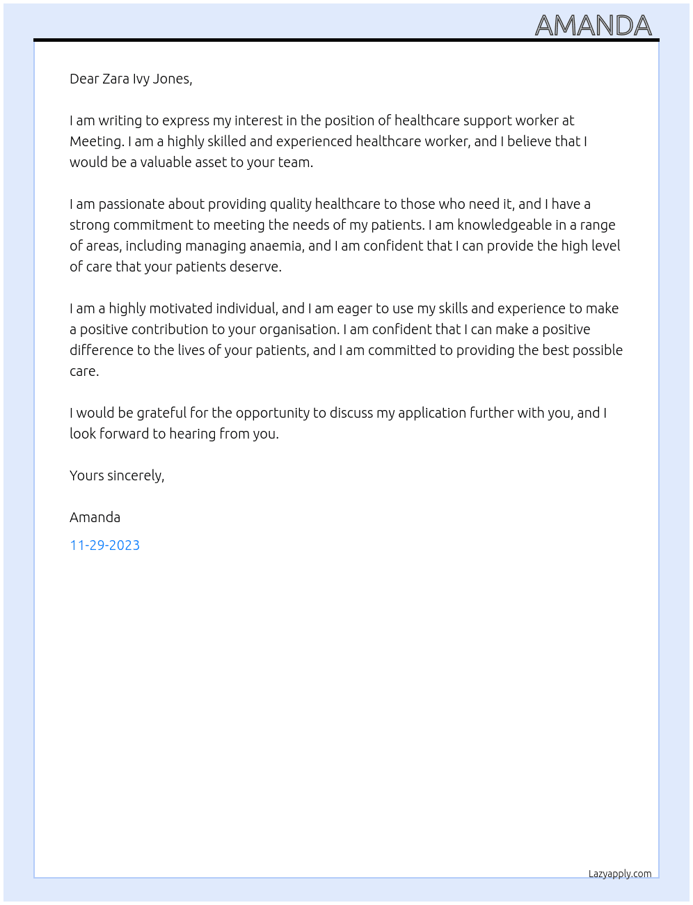 Healthcare support worker  At Meeting  Cover Letter