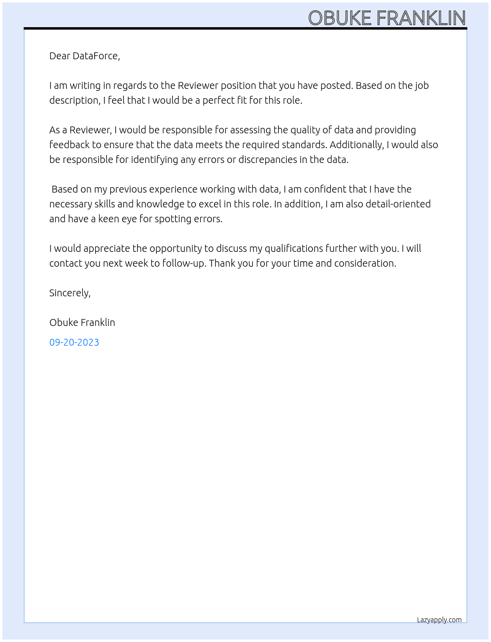 Reviwer At DataForce Cover Letter