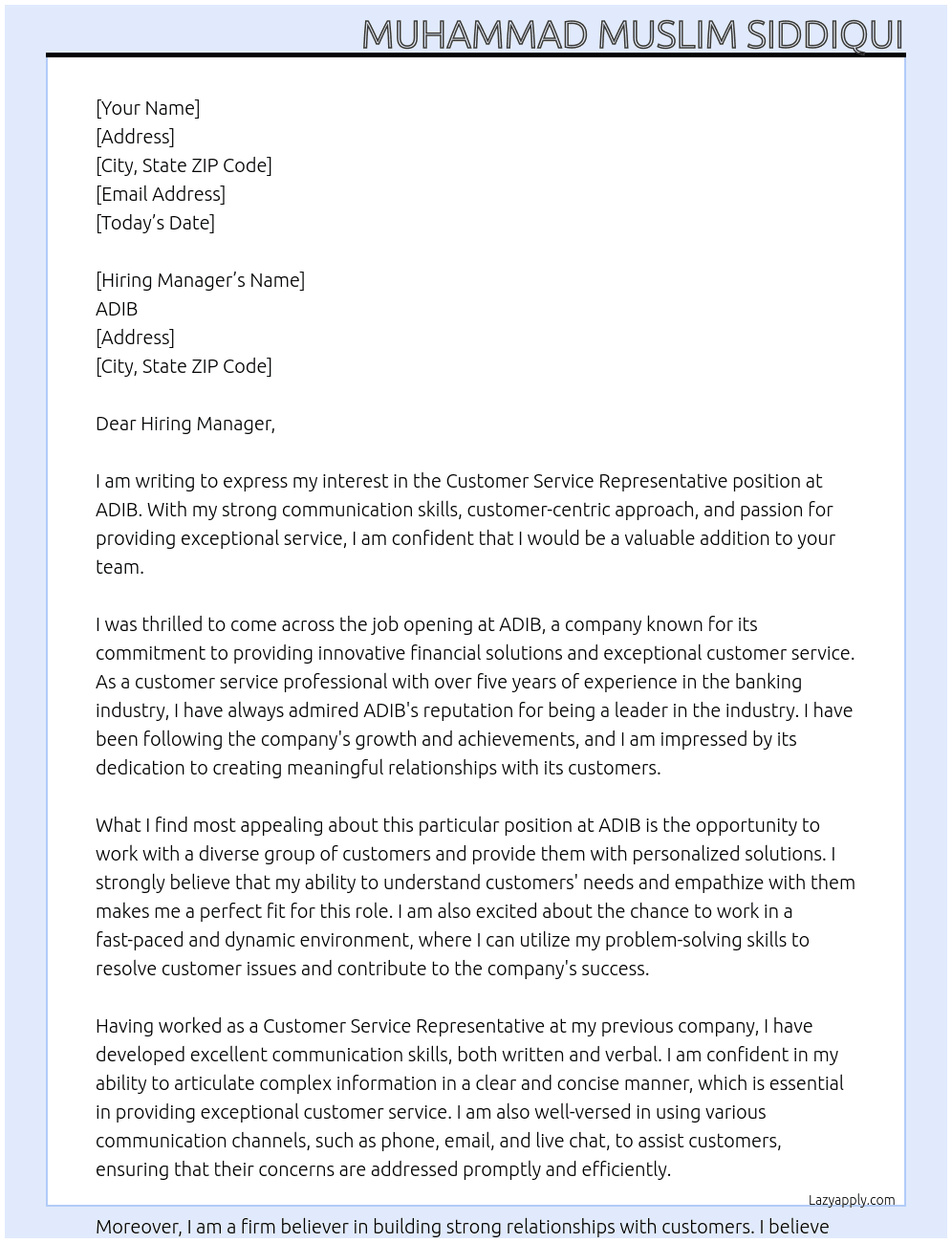 Customer service representative At ADIB Cover Letter