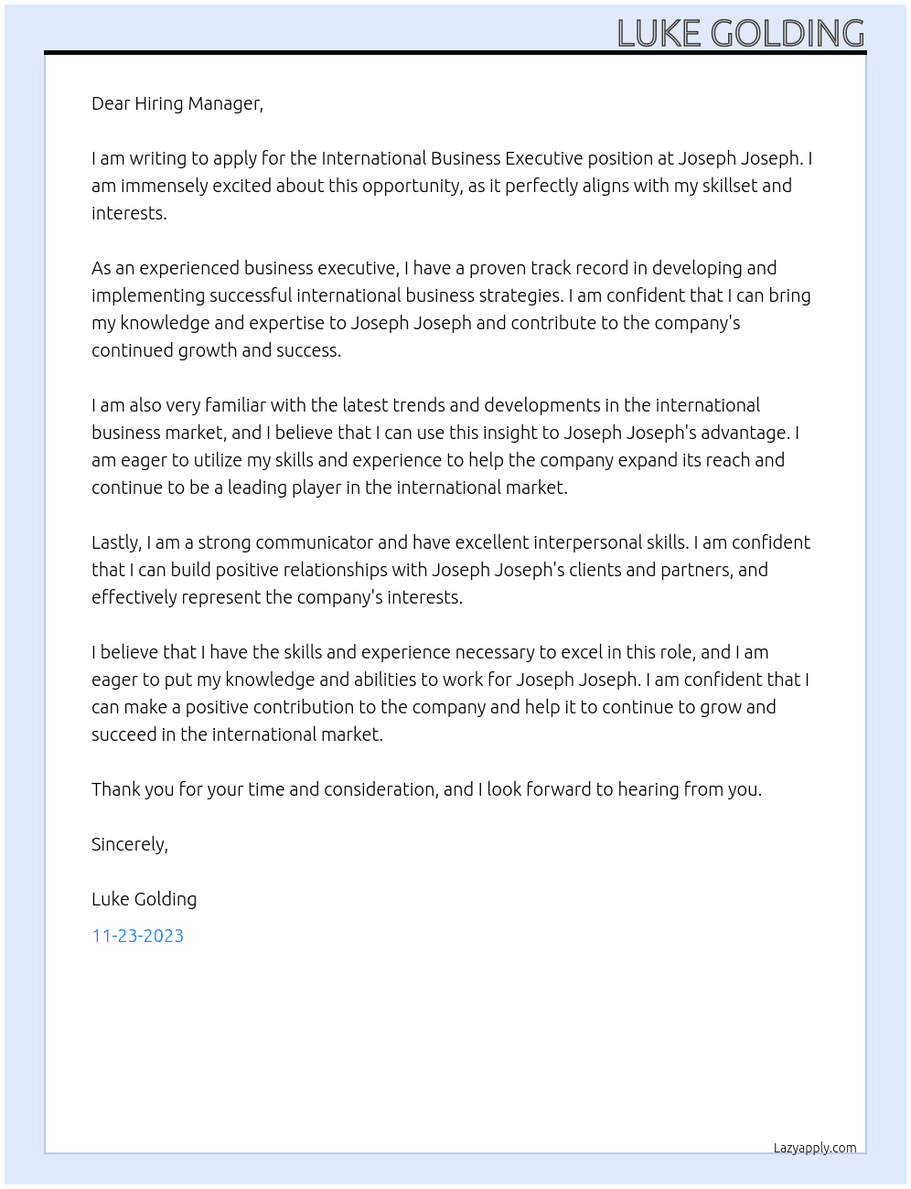 International business executive  At Joseph Joseph Cover Letter