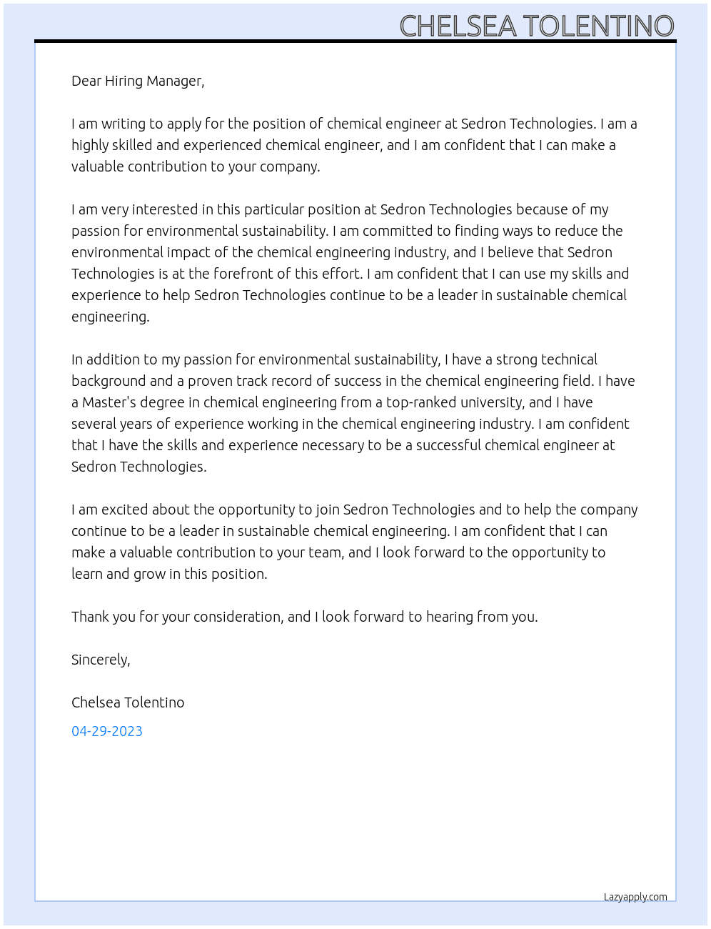 chemical engineer At Sedron Technologies Cover Letter