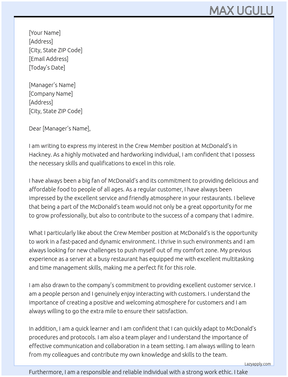 Crew Member At mcdonald's Cover Letter