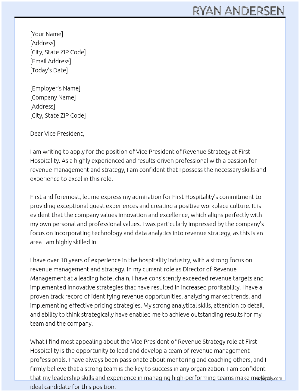 Vice President Revenue Strategy At First Hospitality Cover Letter