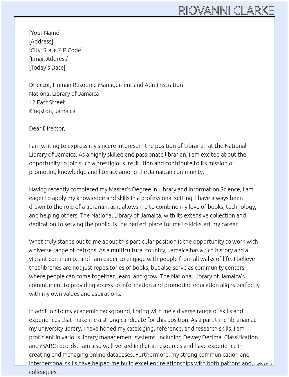 Librarian At National Library of Jamaica Cover Letter