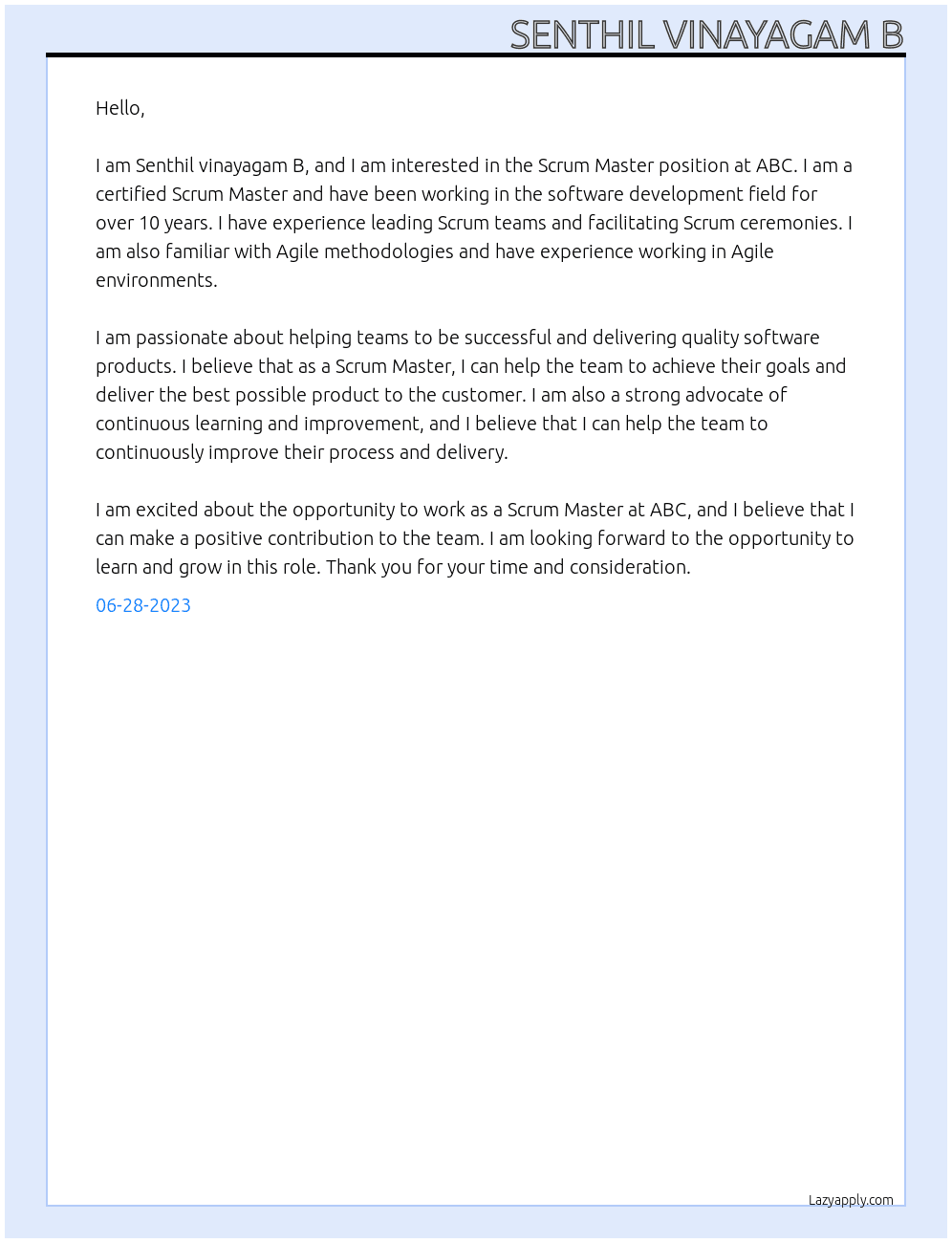 SCRUM MASTER At ABC Cover Letter