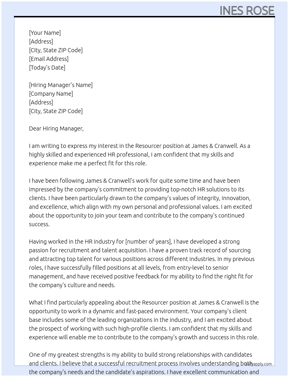 Resourcer At James & Cranwell Cover Letter