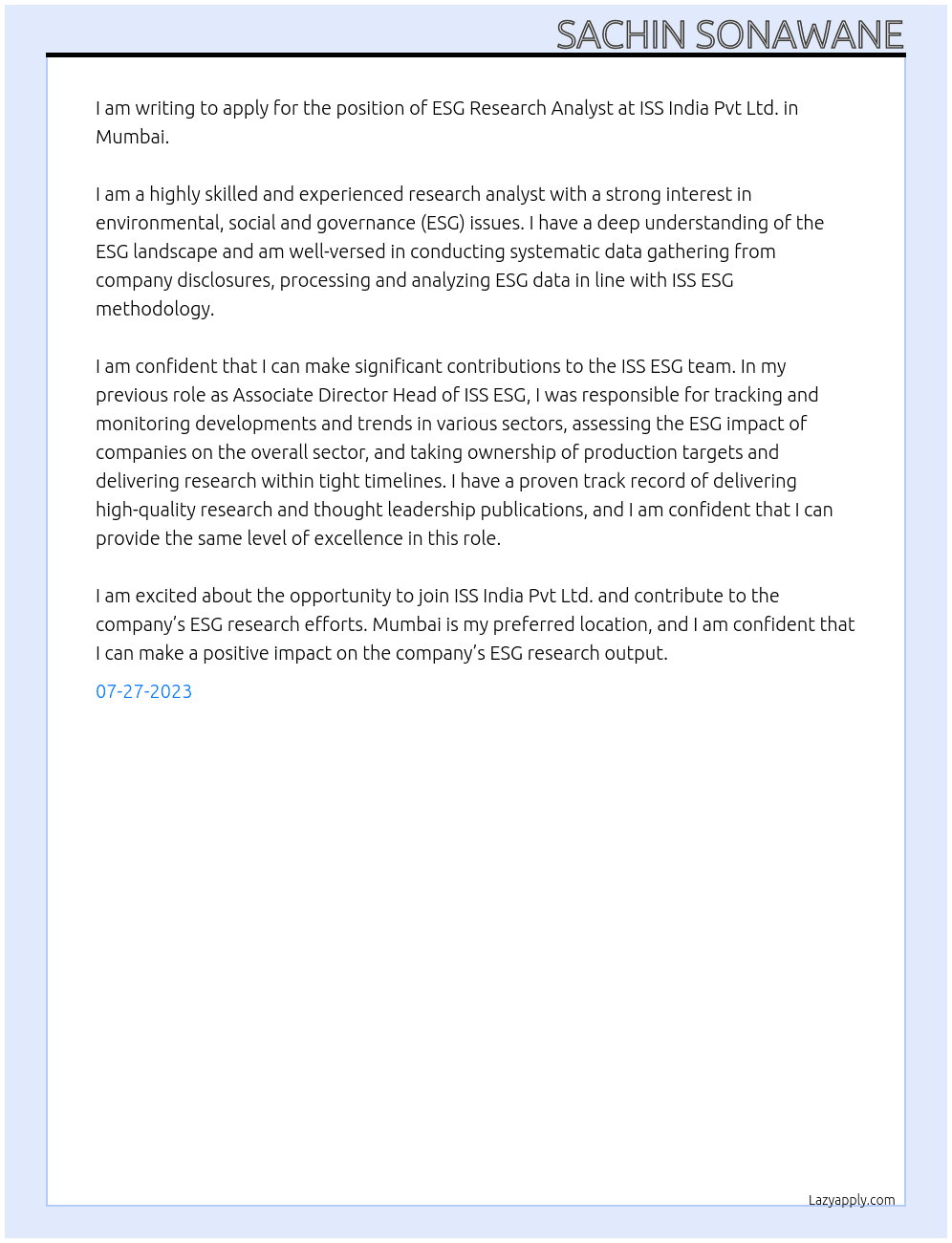 ESG Research Analyst At ISS INDIA PVT LTD. Cover Letter
