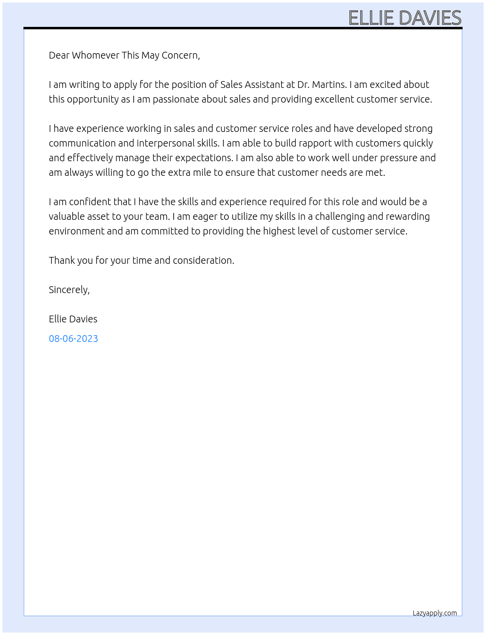 Sales assistant  At Dr Martins Cover Letter