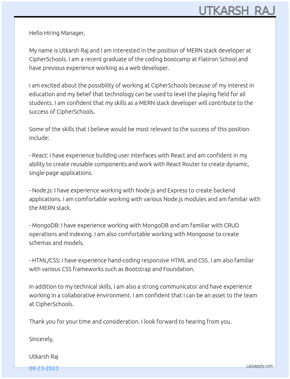 MERN stack developer At CipherSchools Cover Letter