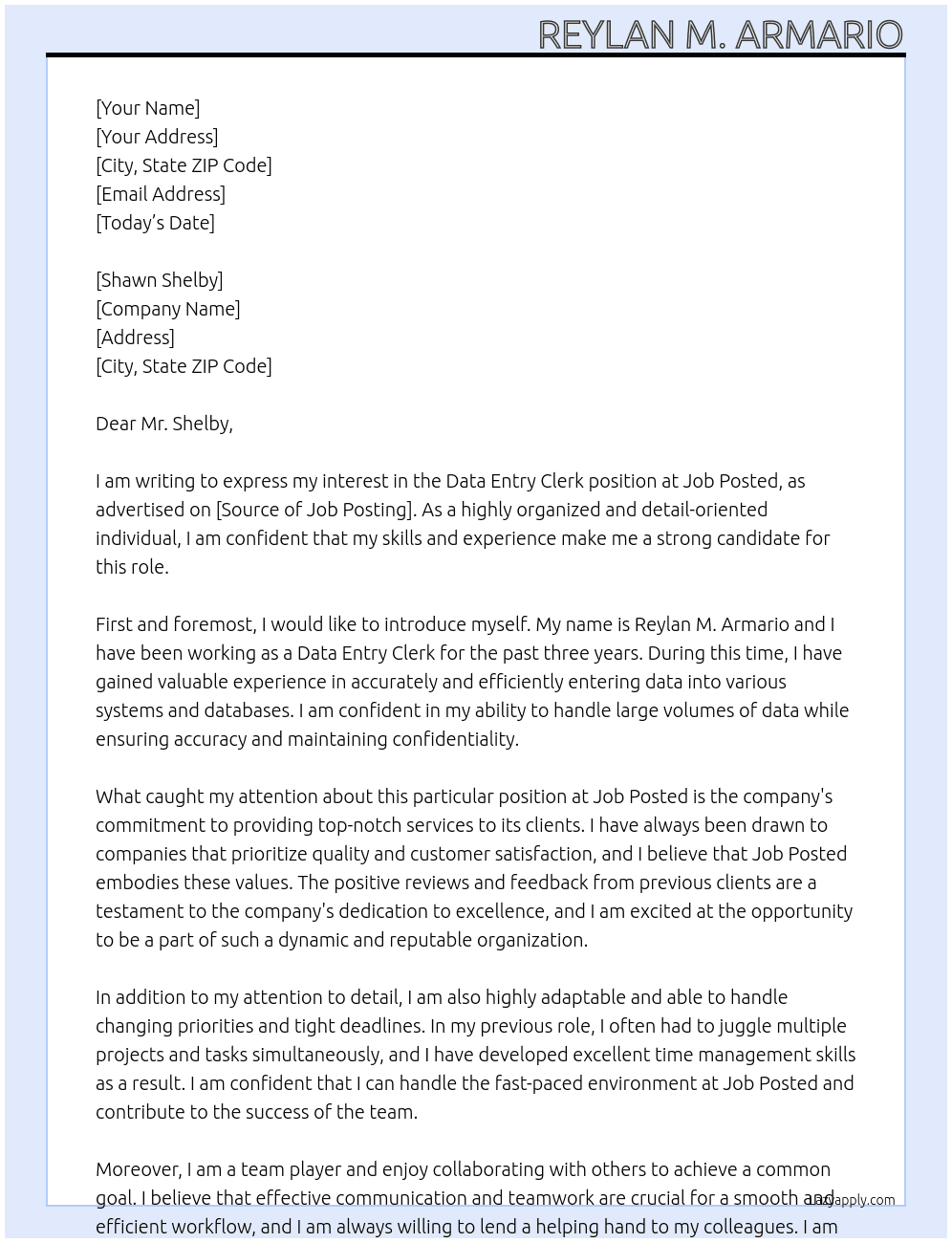 Data Entry Clerk At Job Posted Cover Letter