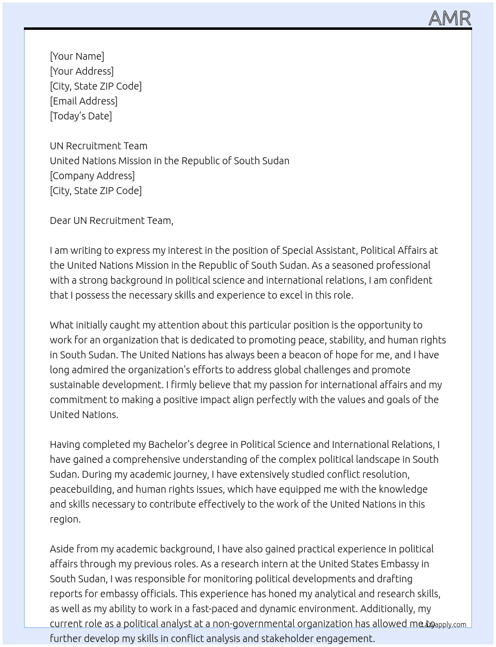 SPECIAL ASSISTANT, POLITICAL AFFAIRS  At United Nations Mission in the Republic of South Sudan Cover Letter
