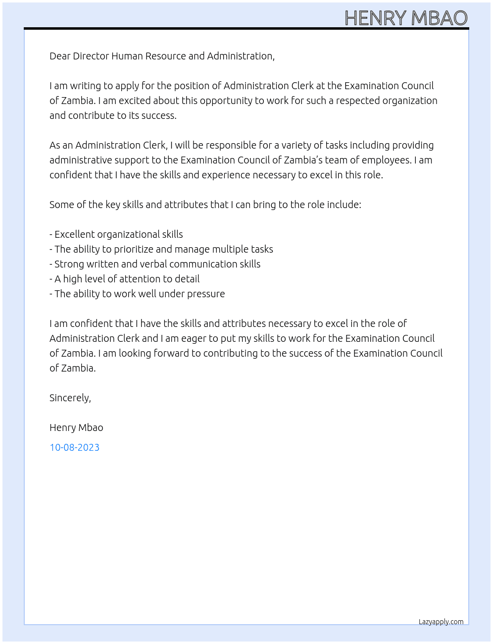Administration Clerk At examination council of zambia  Cover Letter