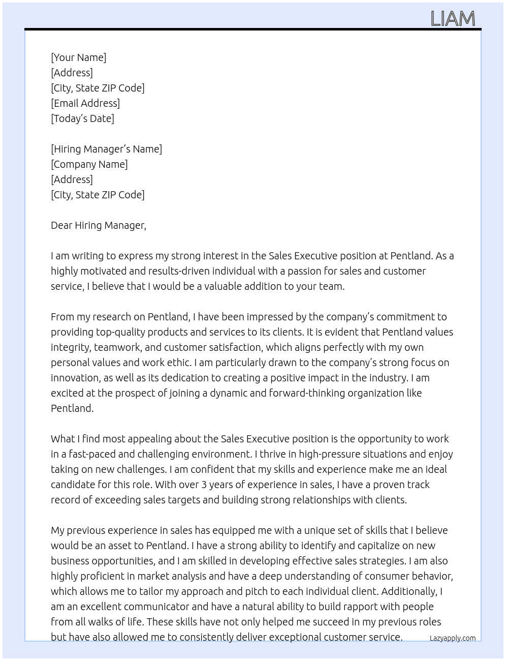 Sales executives  At Pentland  Cover Letter