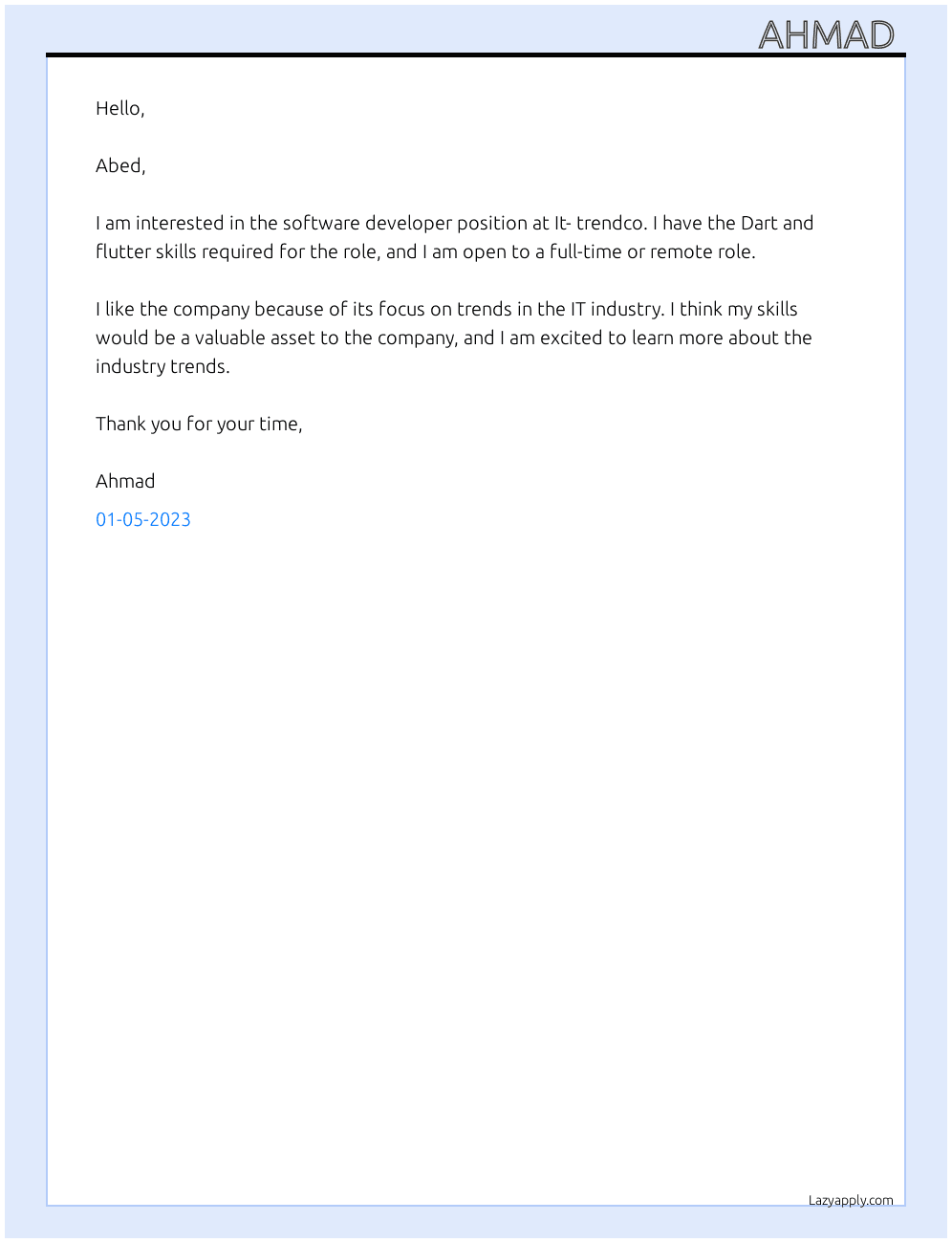 Software developer  At It- trendco Cover Letter