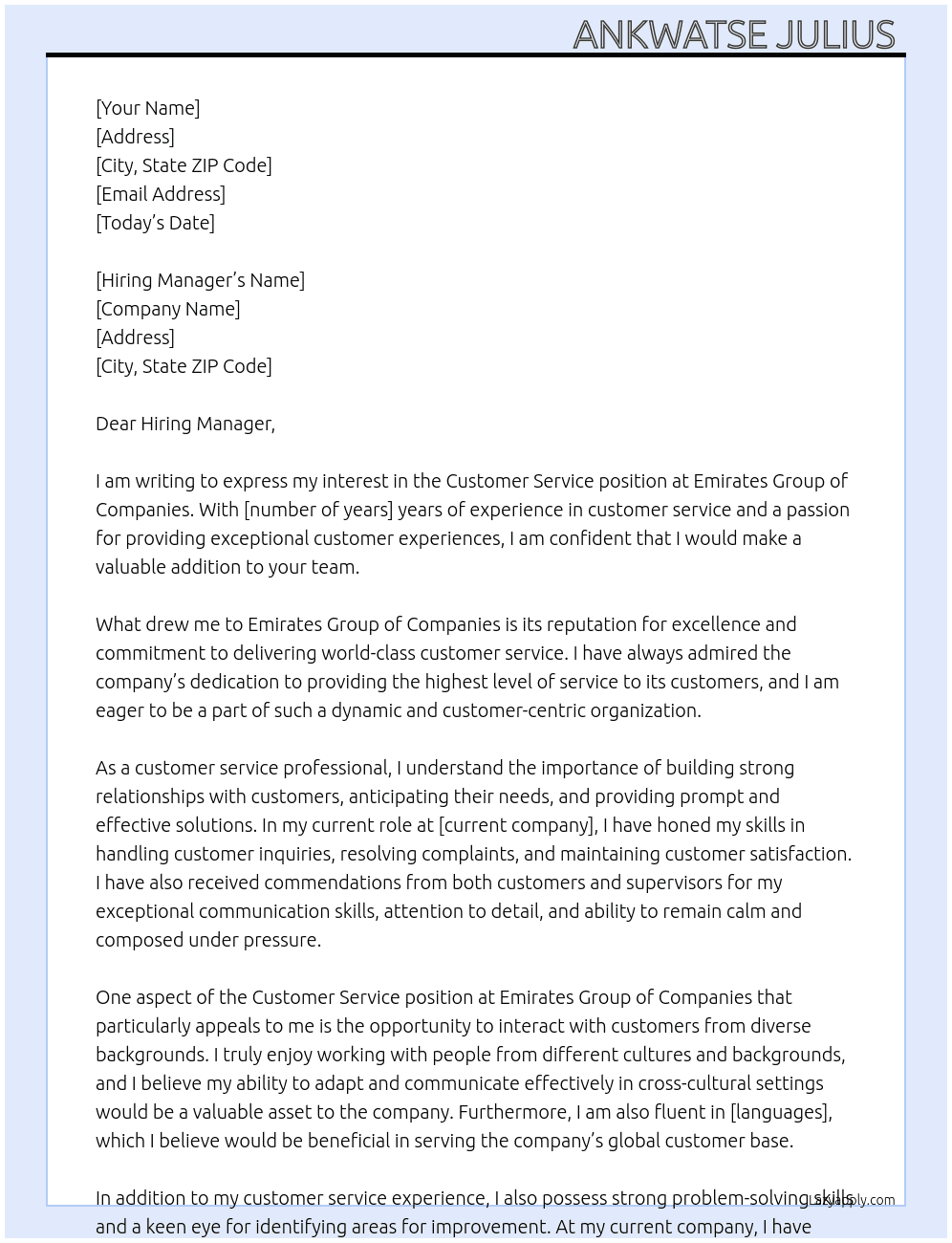 Customer service  At Emirates group of companies  Cover Letter