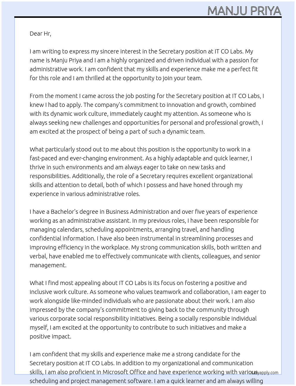 Secretary At IT CO Labs Cover Letter