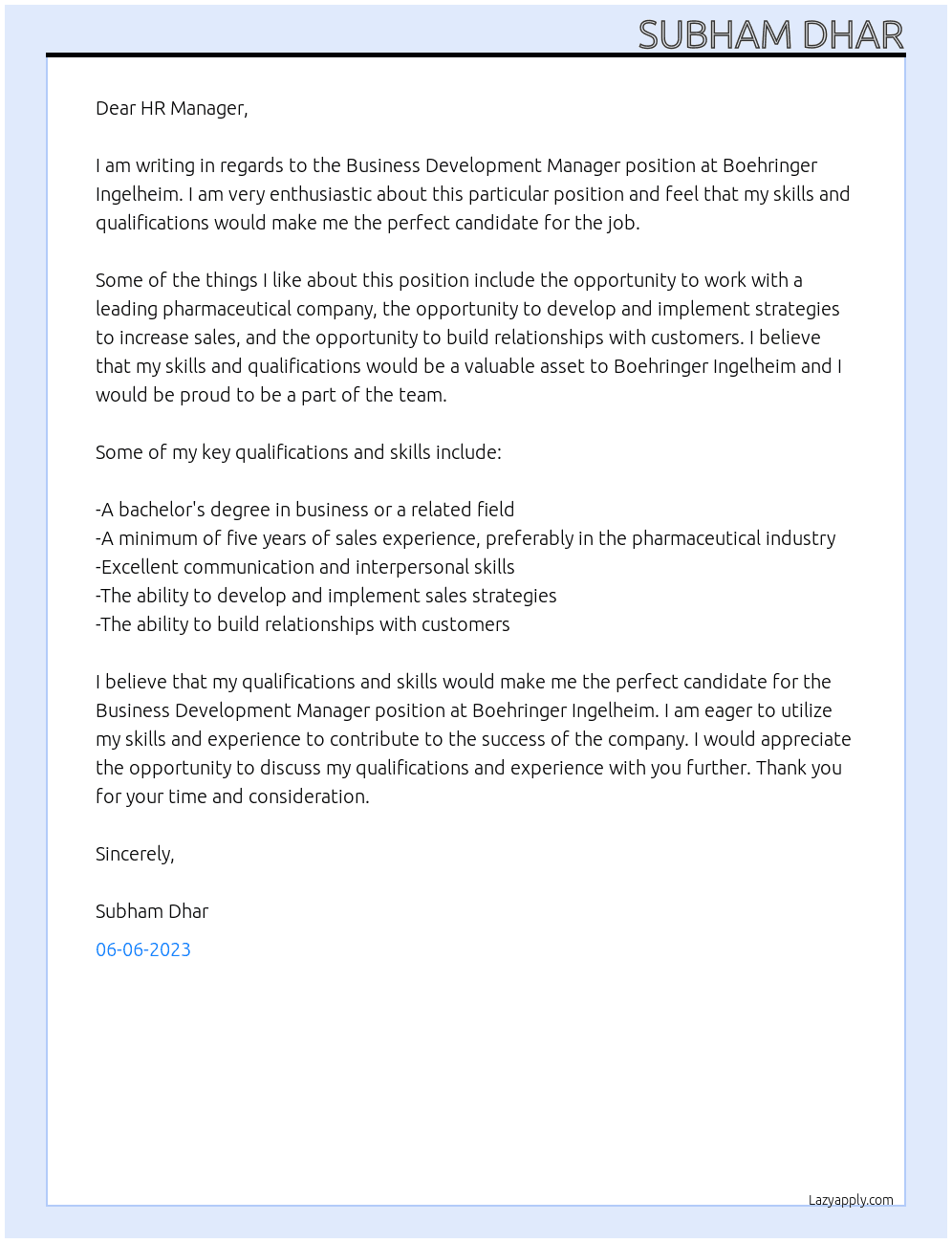 BUSINESS DEVELOPMENT MANAGER At Boehringer Ingelheim Cover Letter