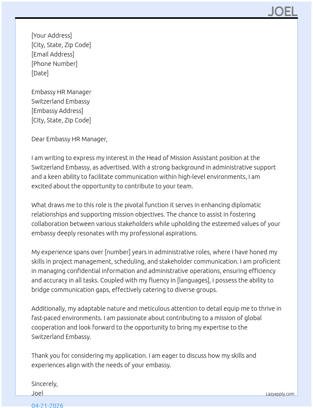Head of Mission Assistant At Switzerland Embassy Cover Letter