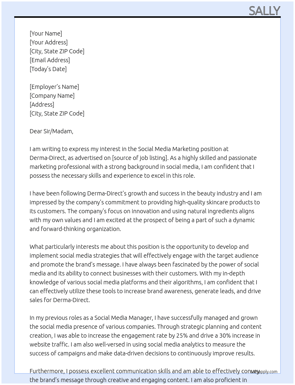 Social Media Marketing At Derma-Direct Cover Letter