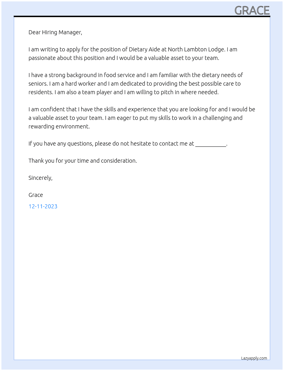 Dietary Aide At North Lambton Lodge Cover Letter