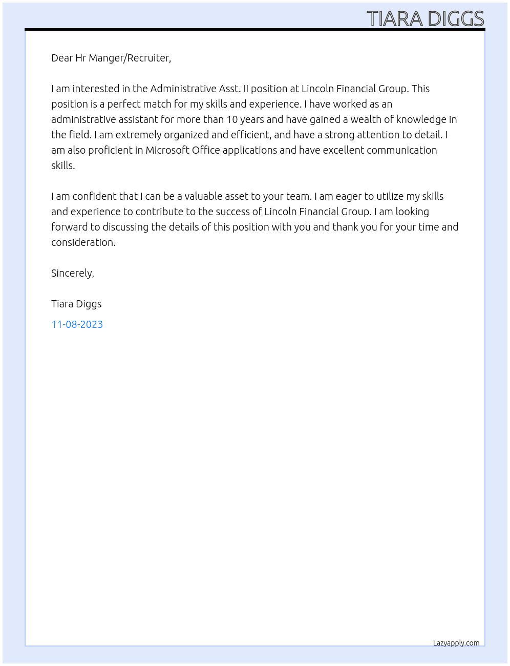 Administrative Asst. II At Lincoln Financial Group Cover Letter