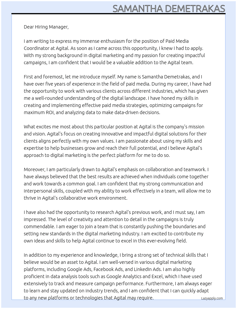 Paid Media Coordinator At Agital Cover Letter