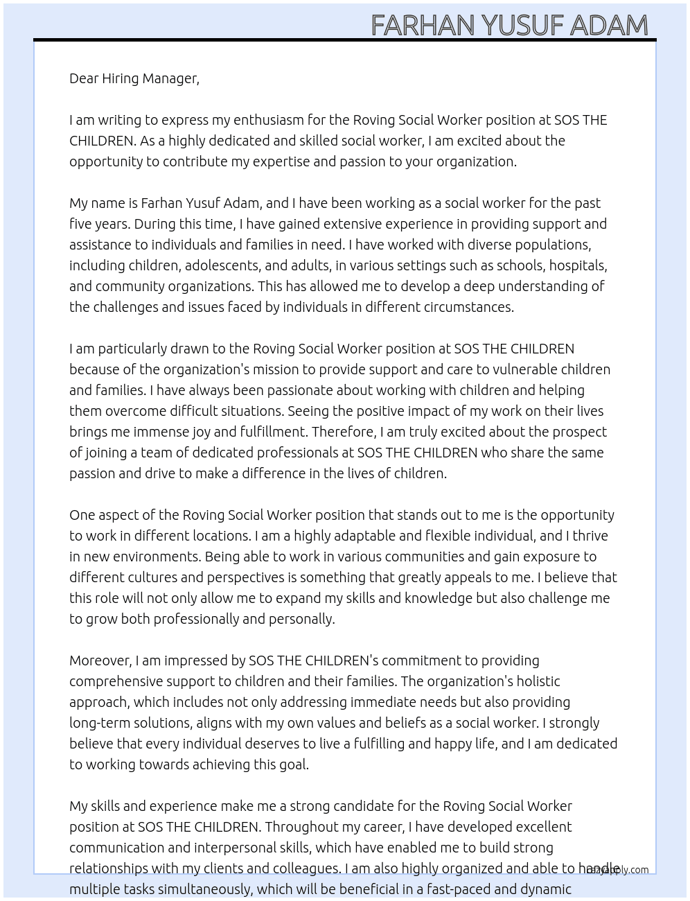 Roving Social Worker At SOS THE CHILDREN  Cover Letter