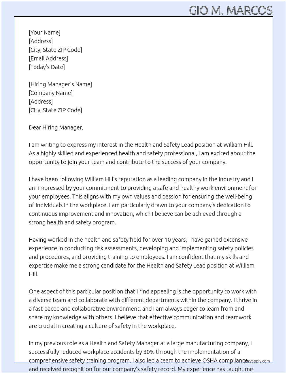 Health and Safety Lead At William Hill Cover Letter