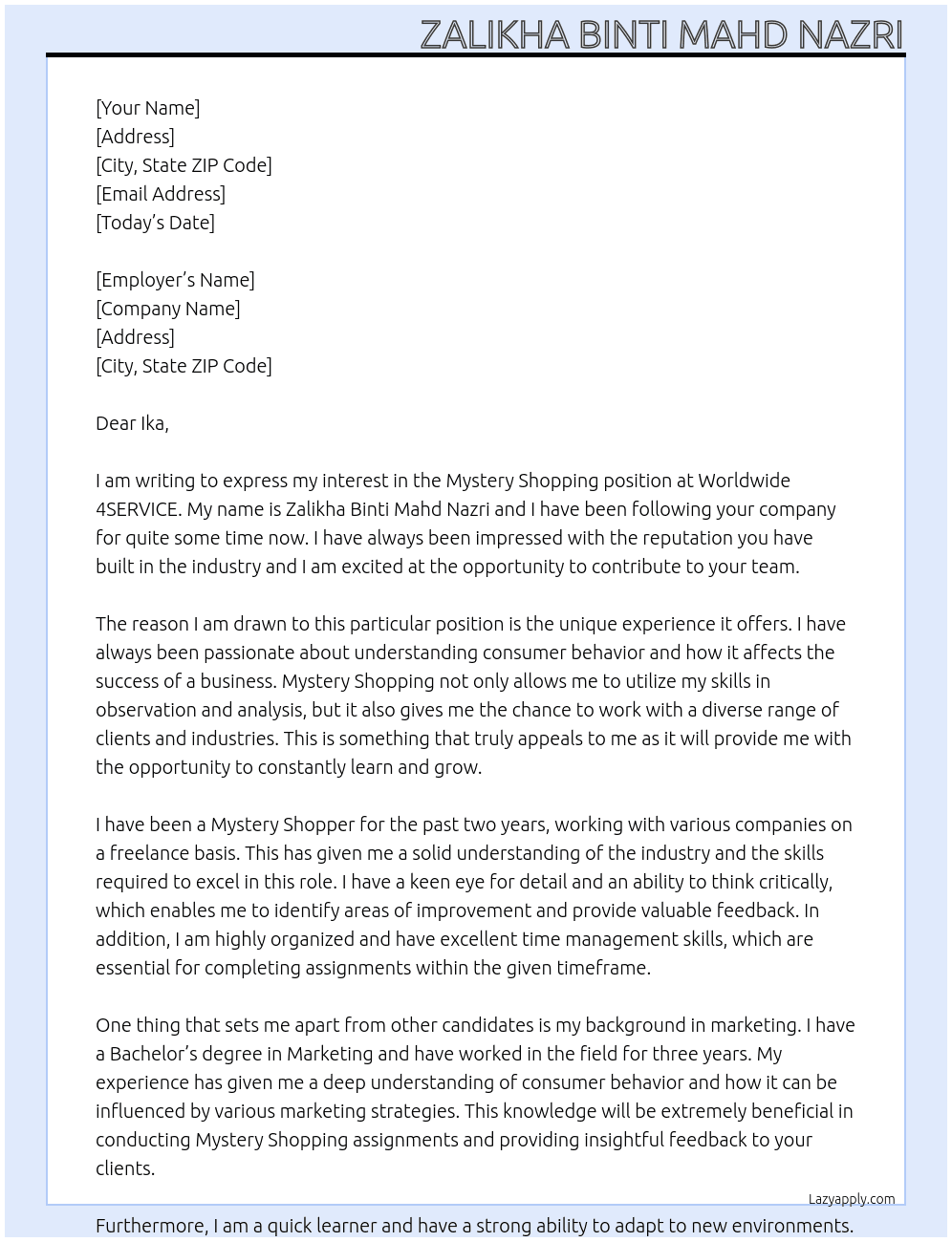 Mystery Shopping At Worldwide 4SERVICE Cover Letter