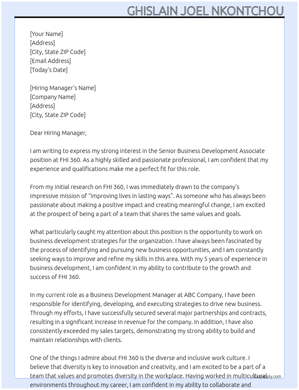 Senior Business Development Associate At FHI 360  Cover Letter