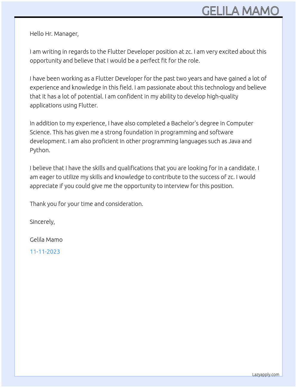 Flutter Developer  At zc Cover Letter