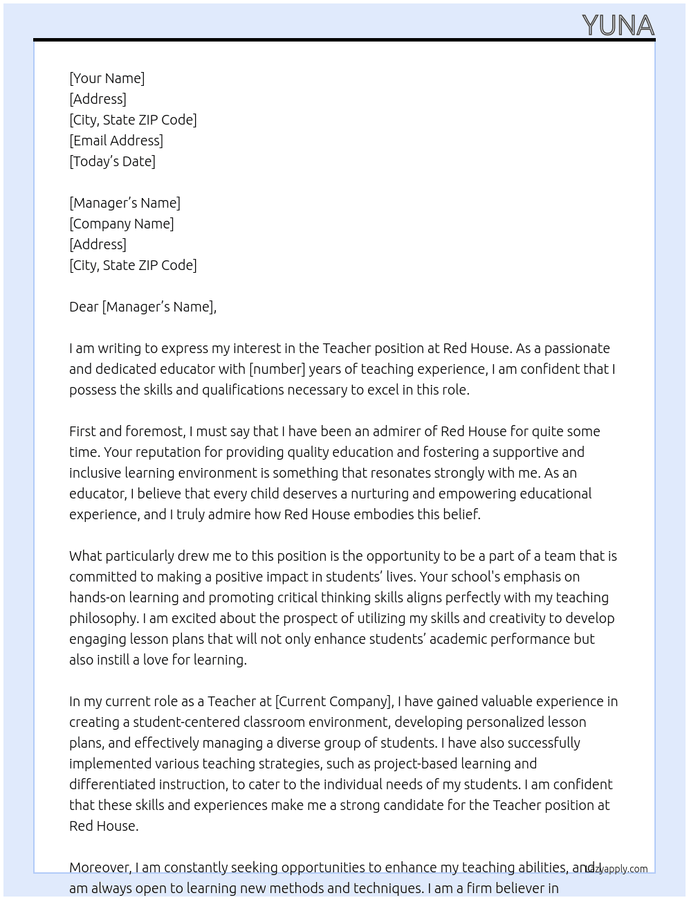 Teacher At Red house Cover Letter