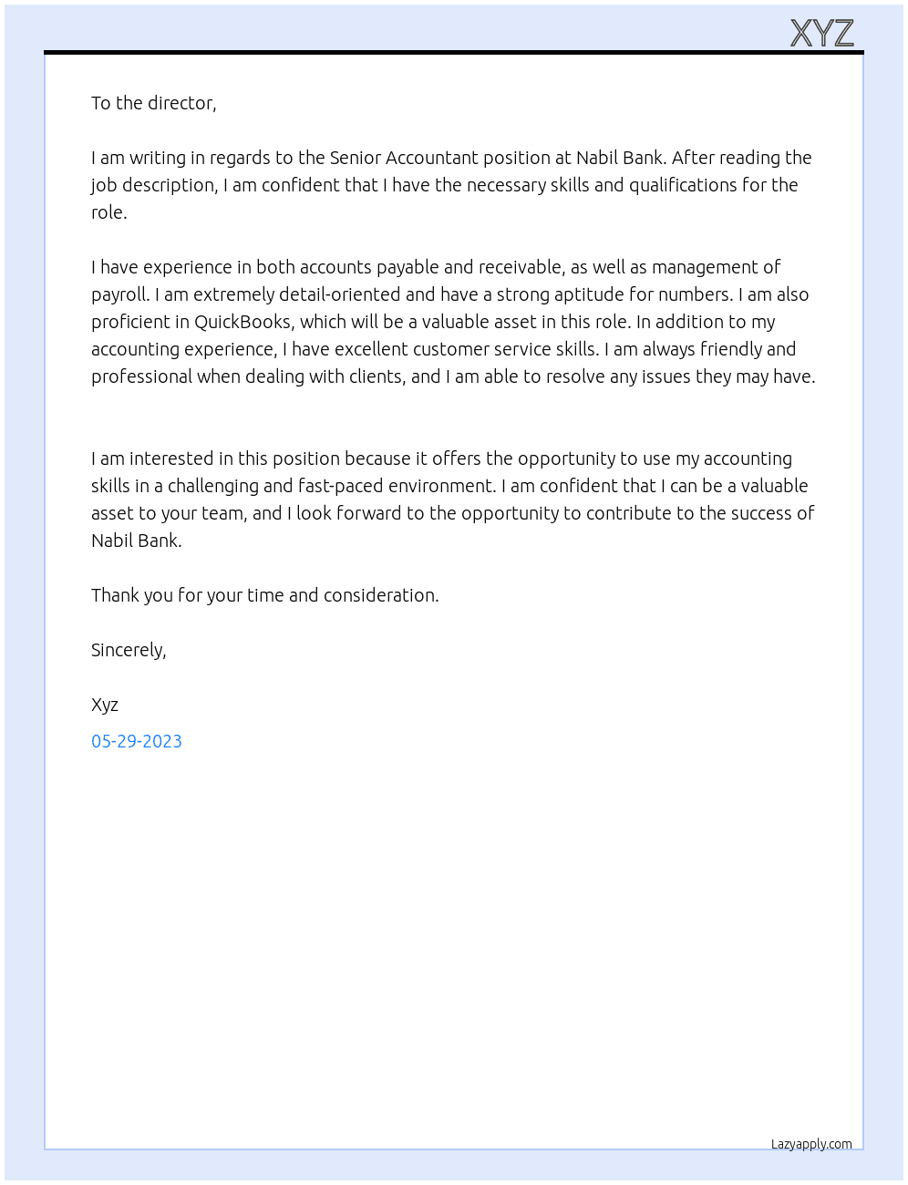 Senior Accountant At Nabil Bank Cover Letter