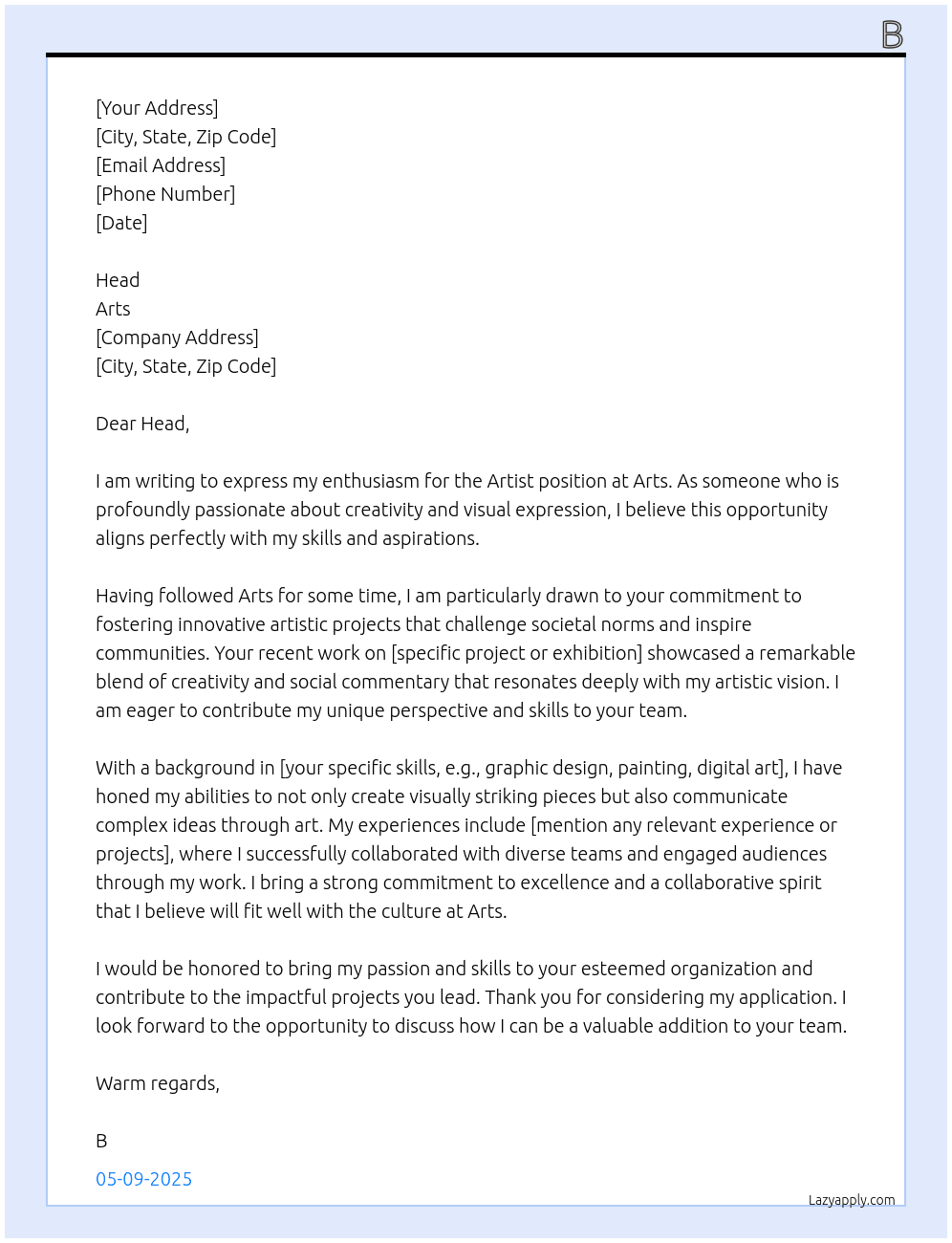 Artist At Arts Cover Letter