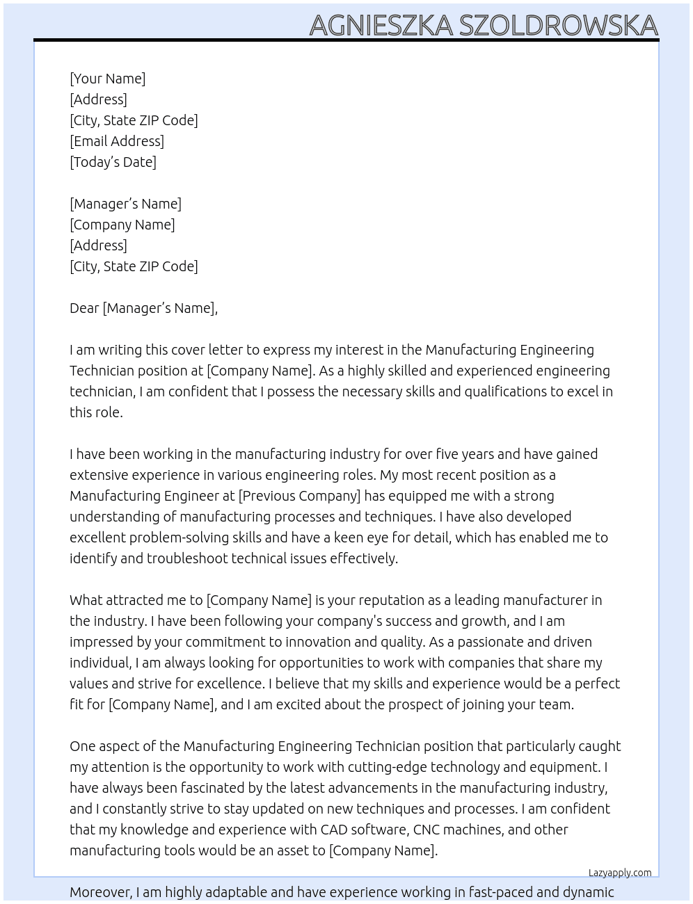 Manufacturing Engineering Technician  At levc Cover Letter