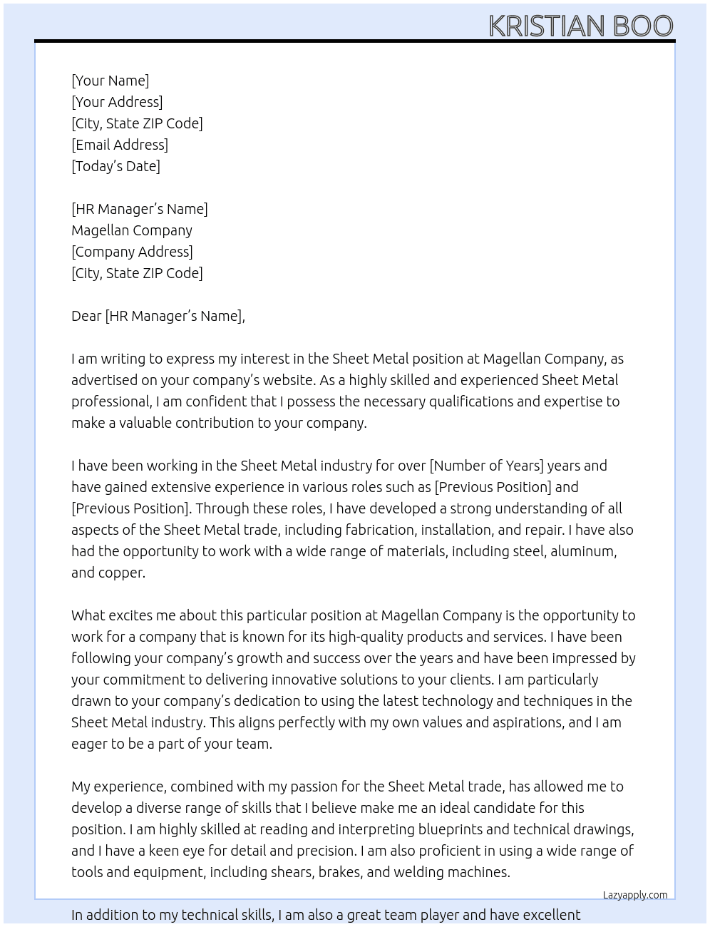 Sheet Metal At Magellan Company Cover Letter