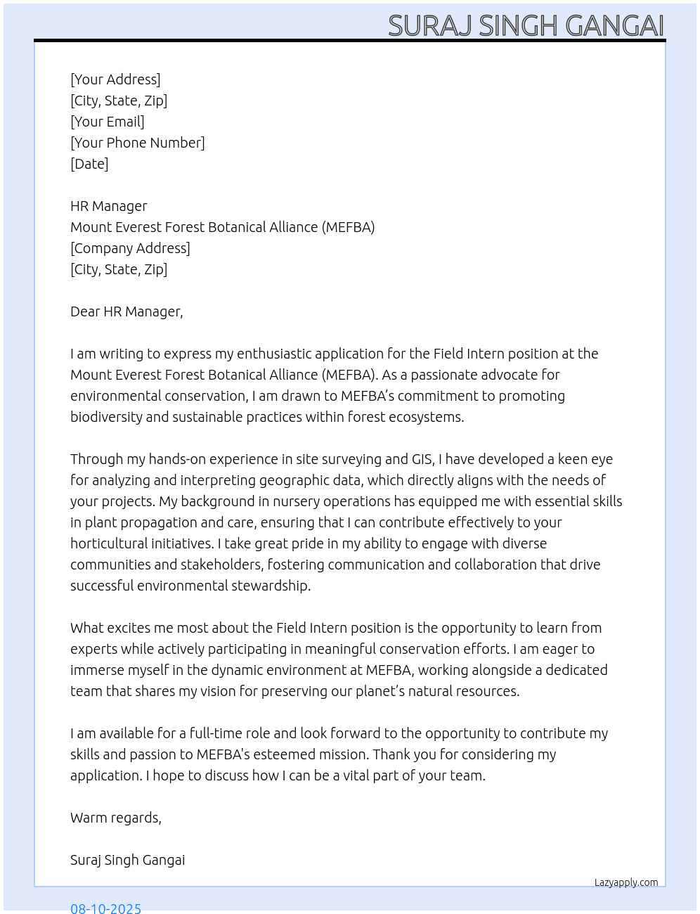 Cover letter for field interns - LazyApply