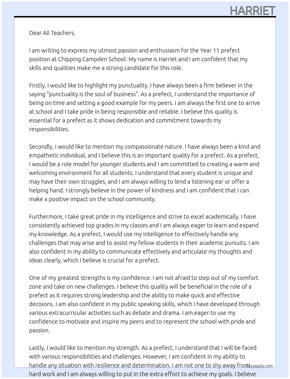 Year 11 prefect  At Chipping Campden School Cover Letter