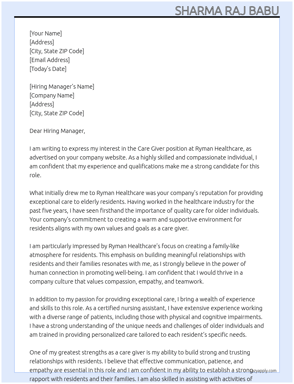 care giver At Ryman Healthcare Cover Letter