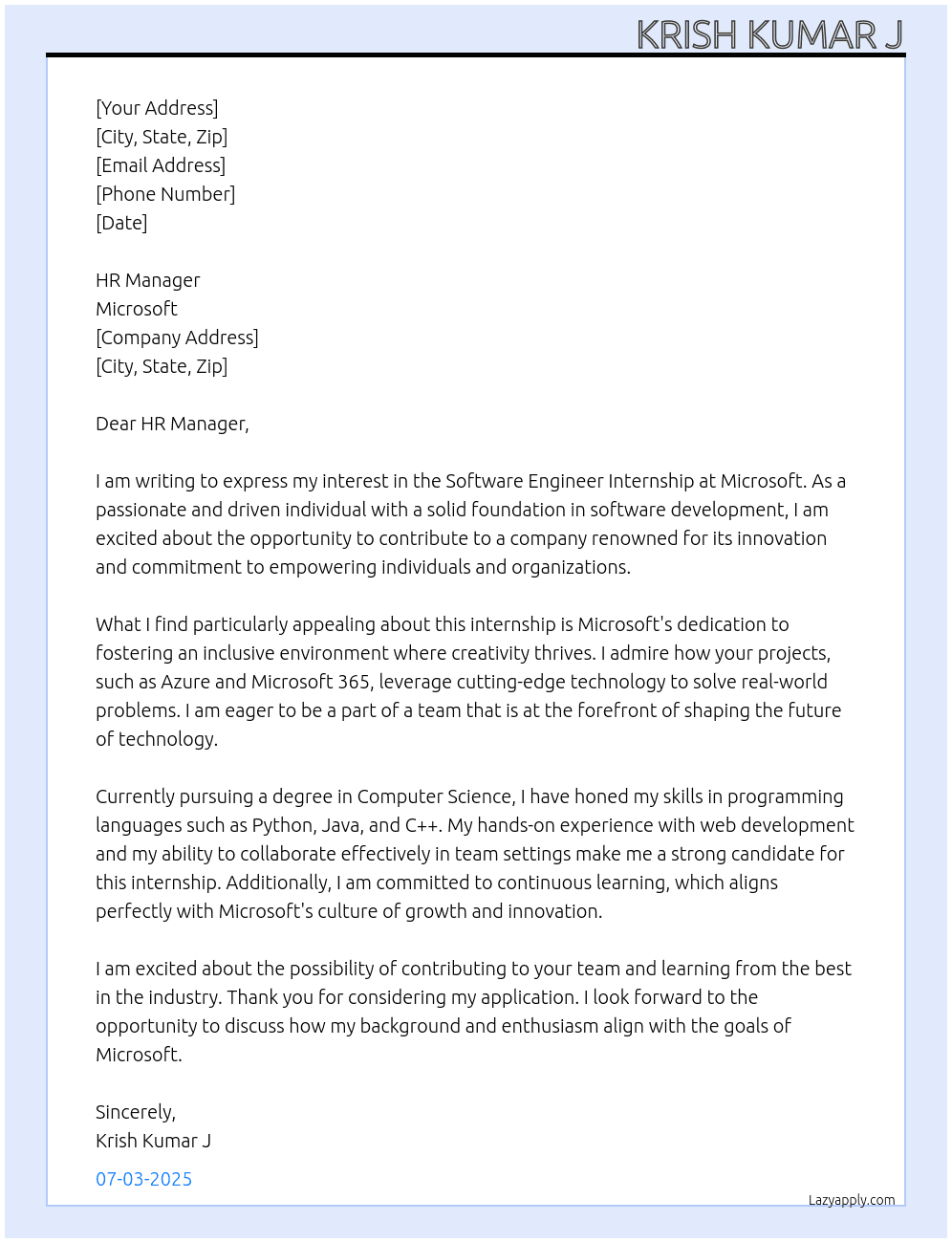 Cover letter for software engineer internship - LazyApply