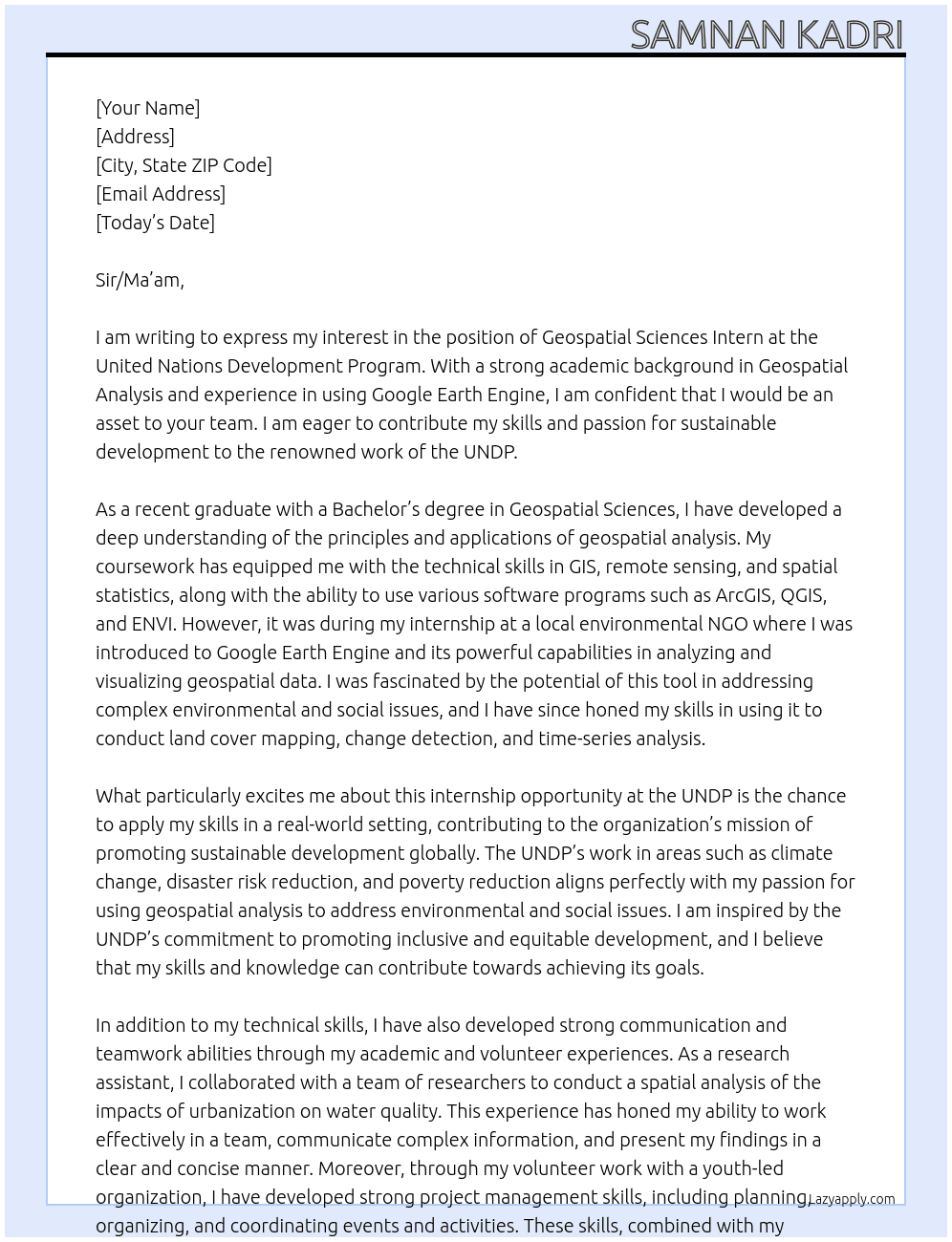 Geospatial Sciences Internship At United Nations Development Program Cover Letter