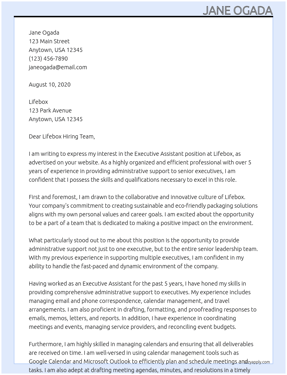 Executive Assistant At Lifebox Cover Letter