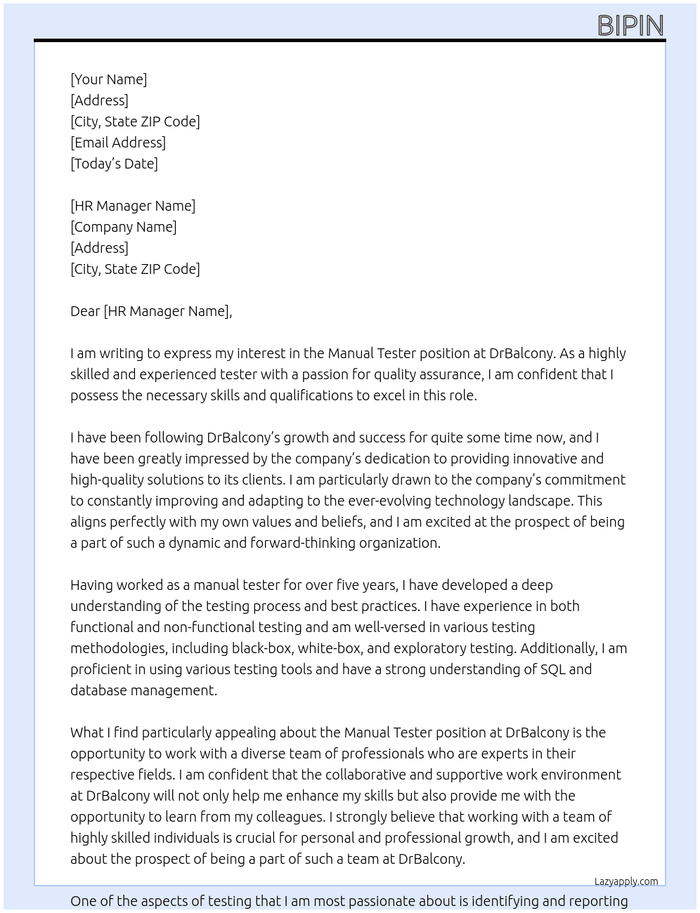 Manual Tester At DrBalcony Cover Letter