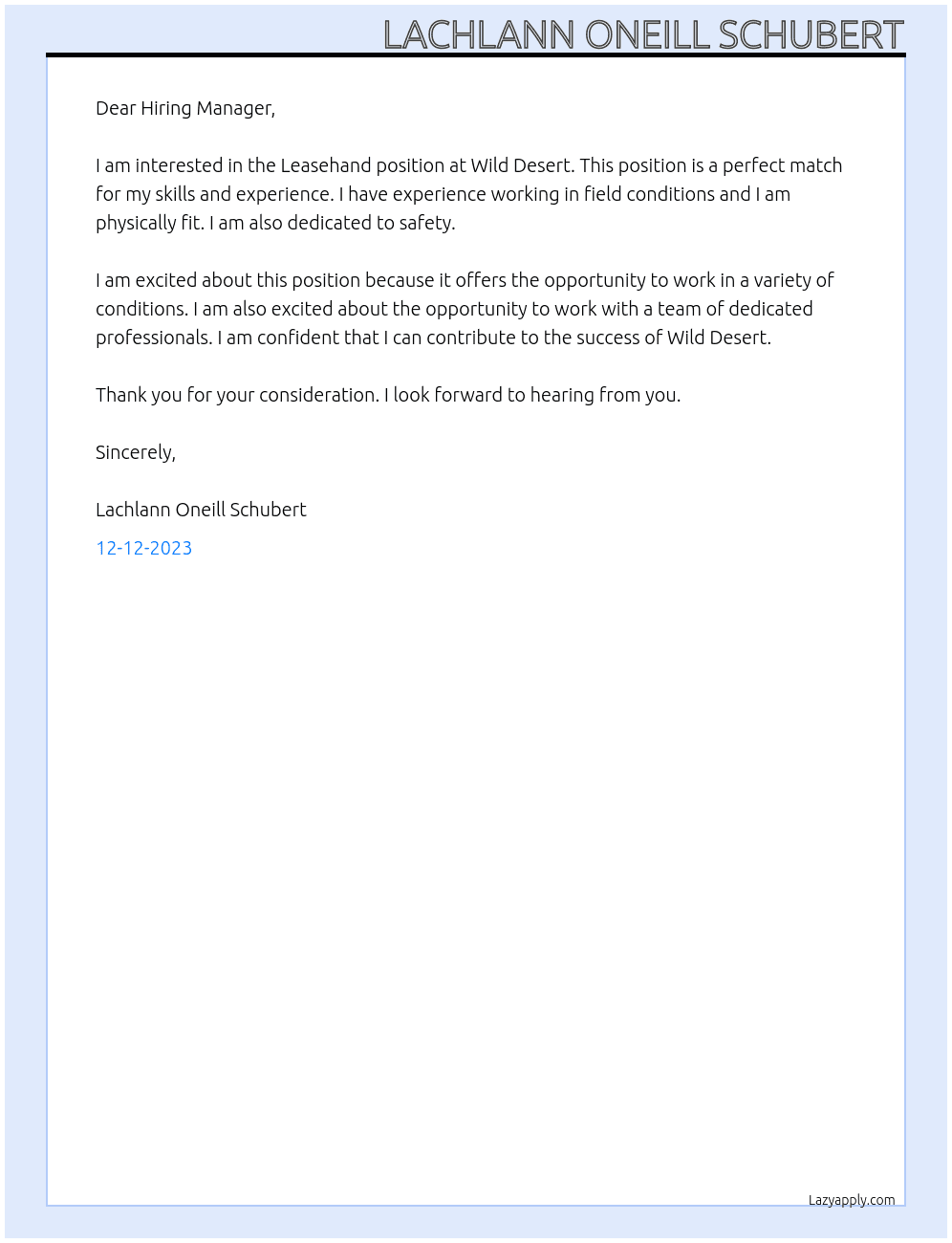 Leasehand At Wild Desert  Cover Letter