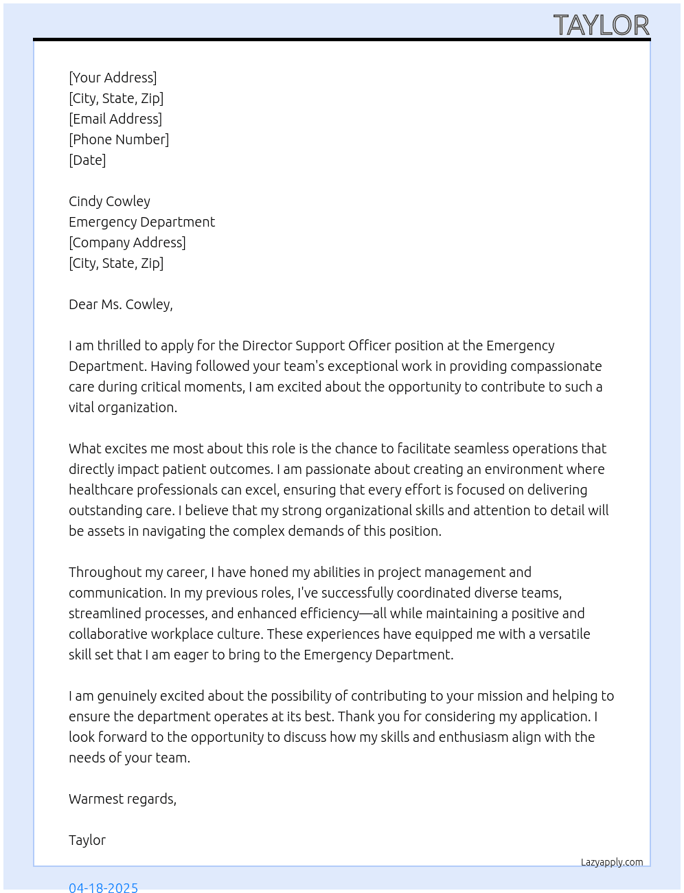 Cover letter for director support officer - LazyApply