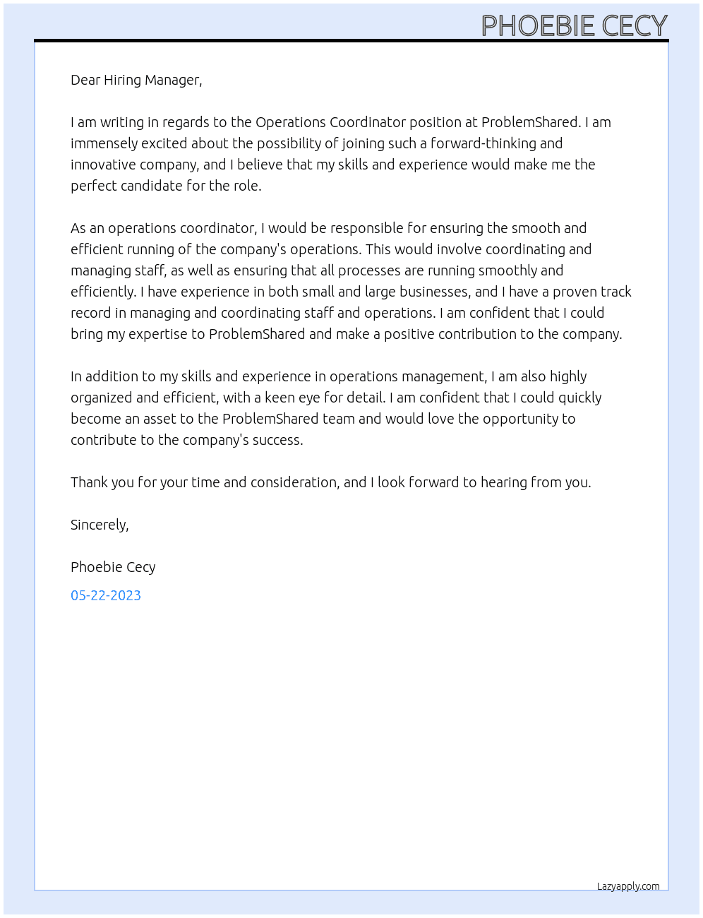 Operations Coordinator  At ProblemShared Cover Letter