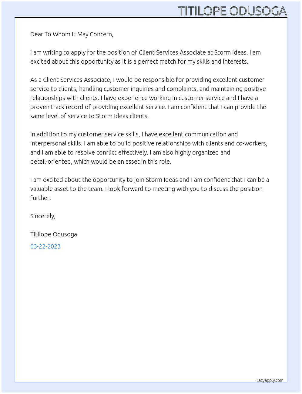 Client Services Associate At Storm Ideas Cover Letter